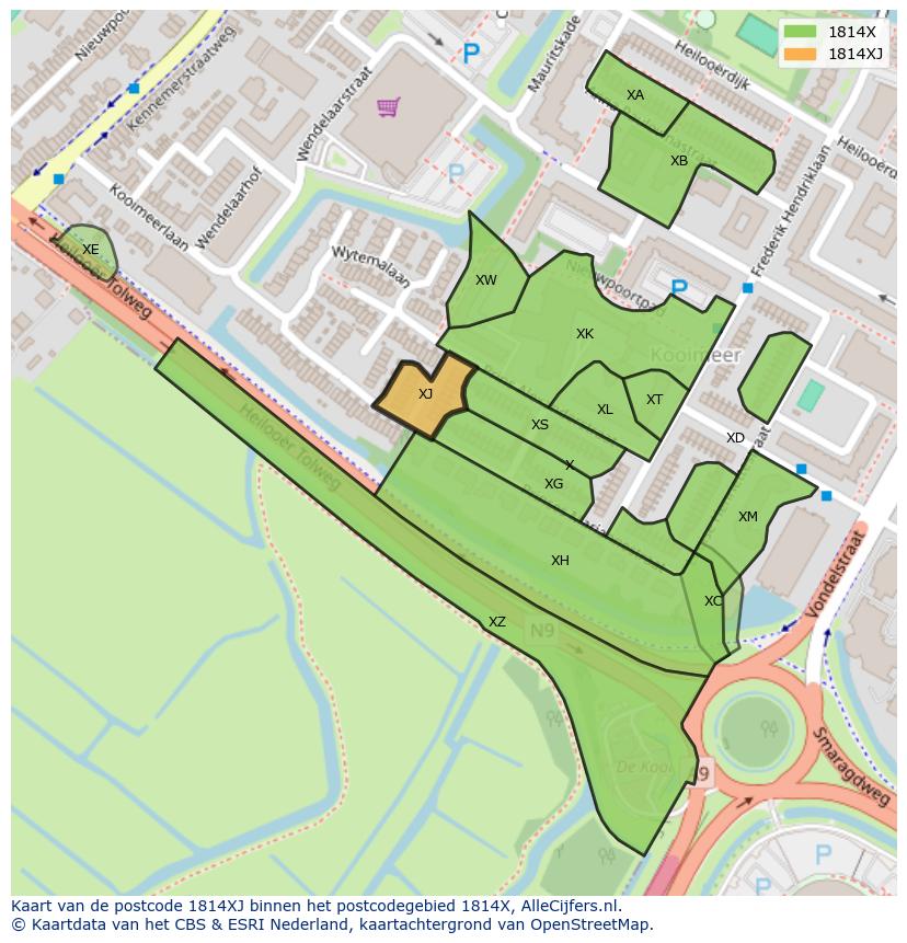 Afbeelding van het postcodegebied 1814 XJ op de kaart.