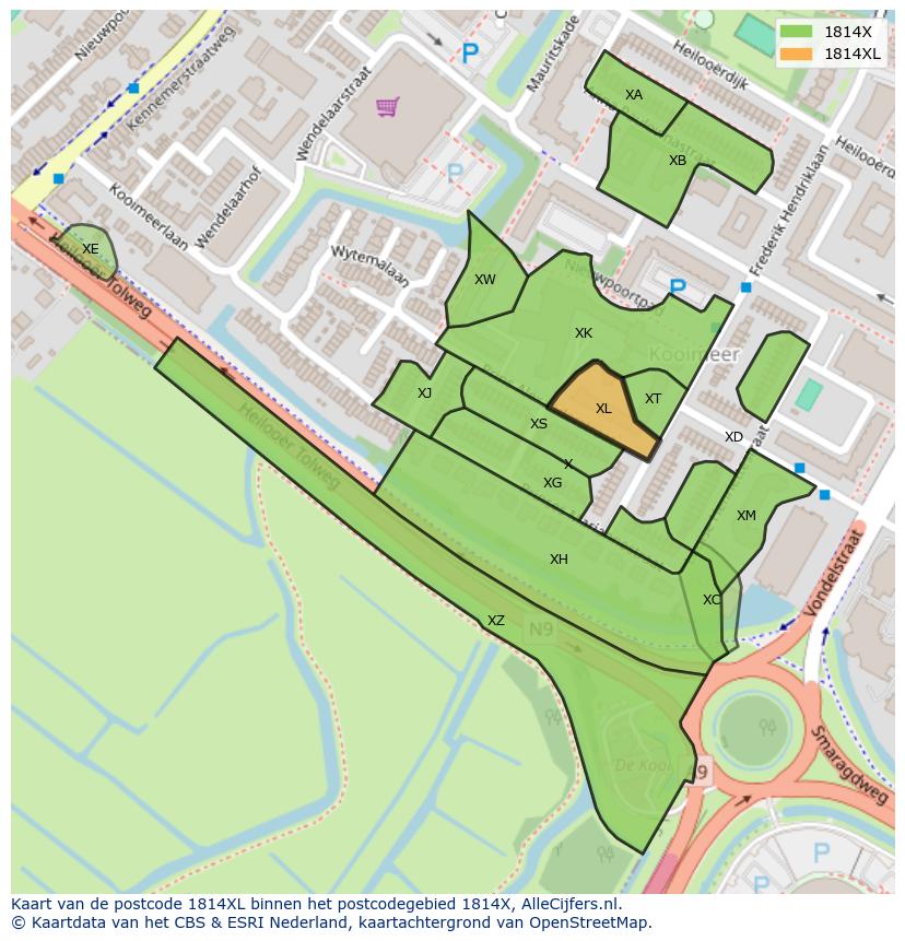 Afbeelding van het postcodegebied 1814 XL op de kaart.