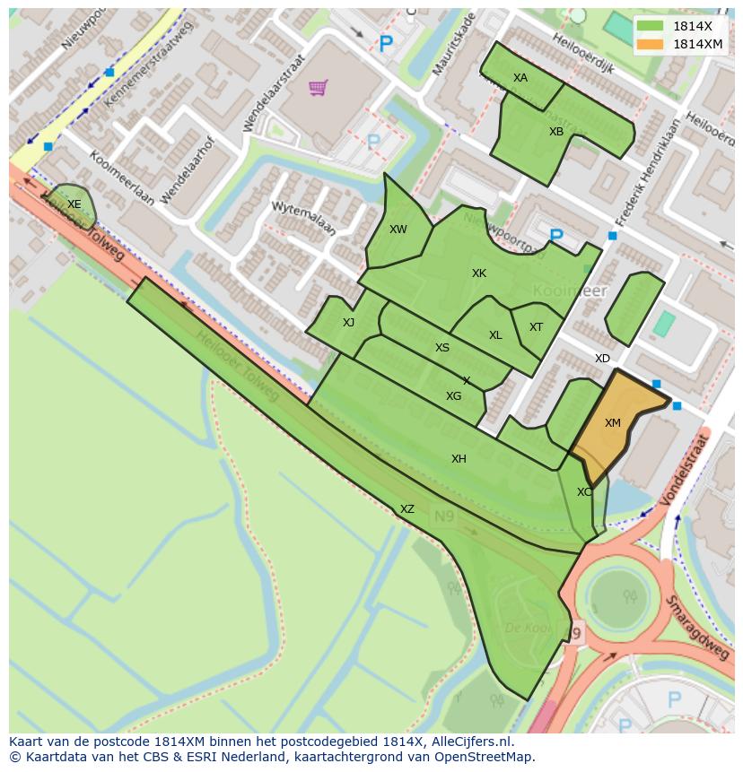 Afbeelding van het postcodegebied 1814 XM op de kaart.