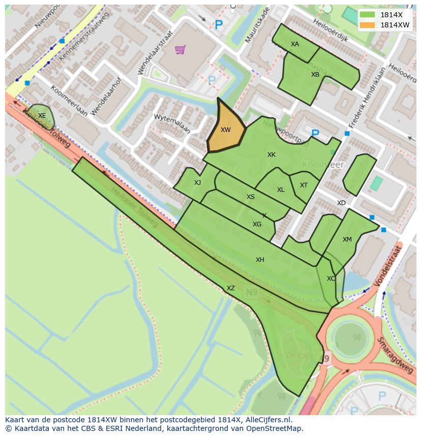 Afbeelding van het postcodegebied 1814 XW op de kaart.