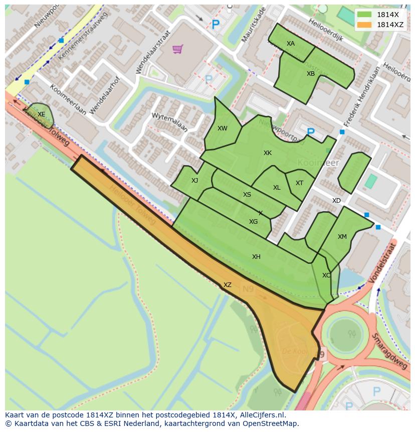 Afbeelding van het postcodegebied 1814 XZ op de kaart.