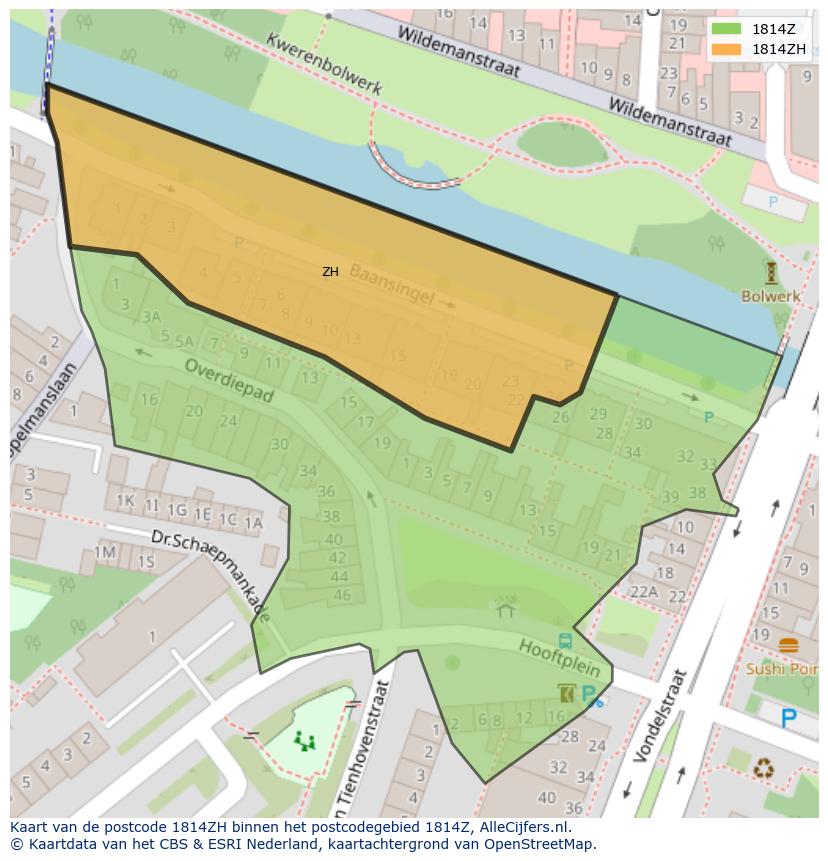 Afbeelding van het postcodegebied 1814 ZH op de kaart.