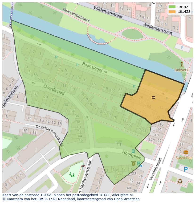 Afbeelding van het postcodegebied 1814 ZJ op de kaart.