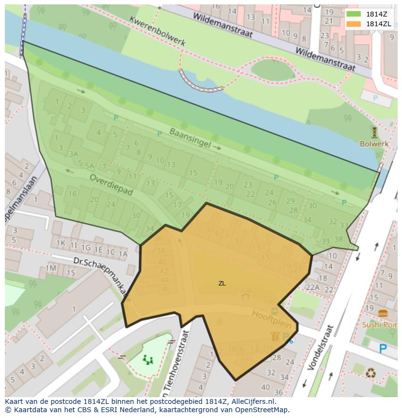 Afbeelding van het postcodegebied 1814 ZL op de kaart.