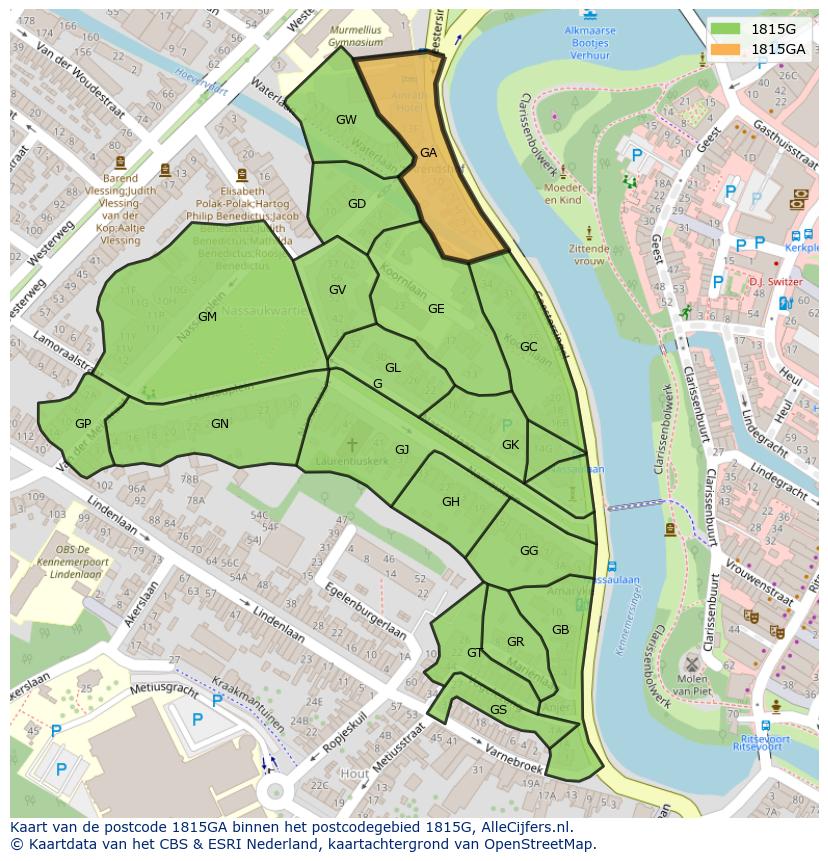 Afbeelding van het postcodegebied 1815 GA op de kaart.