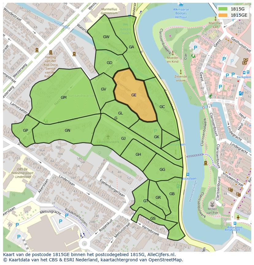 Afbeelding van het postcodegebied 1815 GE op de kaart.