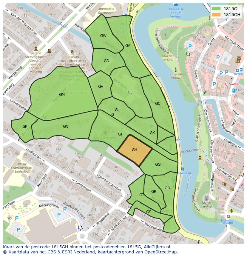 Afbeelding van het postcodegebied 1815 GH op de kaart.