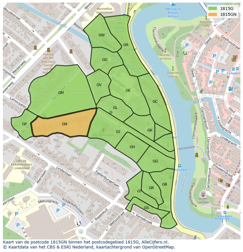 Afbeelding van het postcodegebied 1815 GN op de kaart.