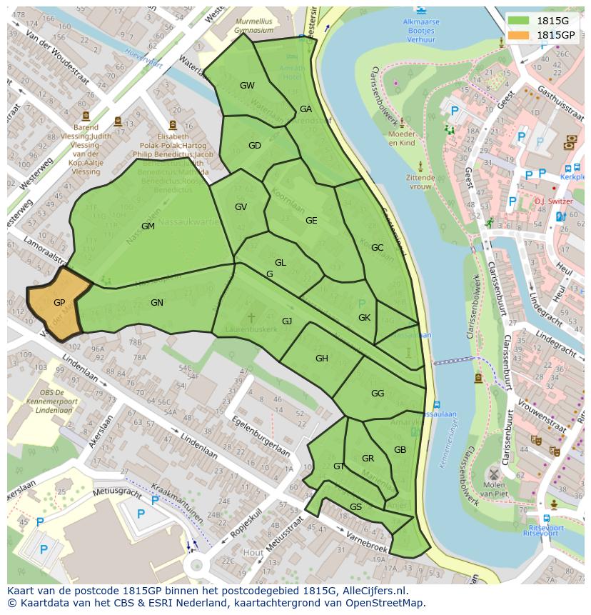 Afbeelding van het postcodegebied 1815 GP op de kaart.