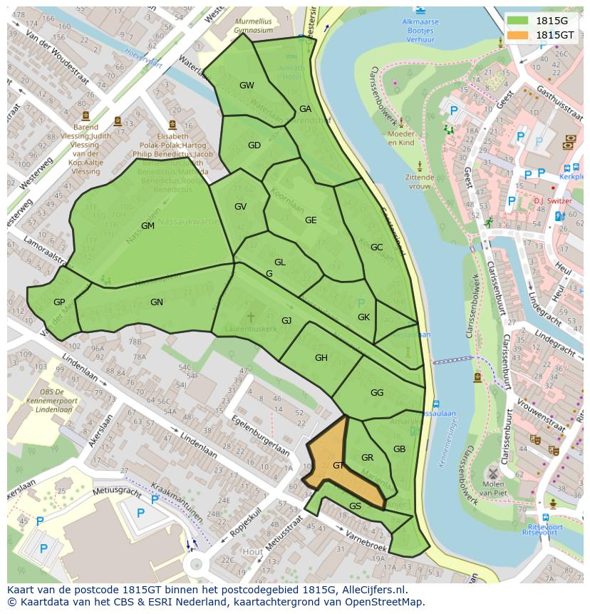 Afbeelding van het postcodegebied 1815 GT op de kaart.