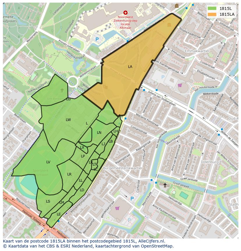 Afbeelding van het postcodegebied 1815 LA op de kaart.