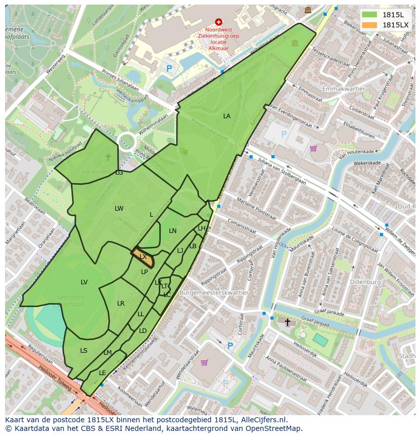 Afbeelding van het postcodegebied 1815 LX op de kaart.