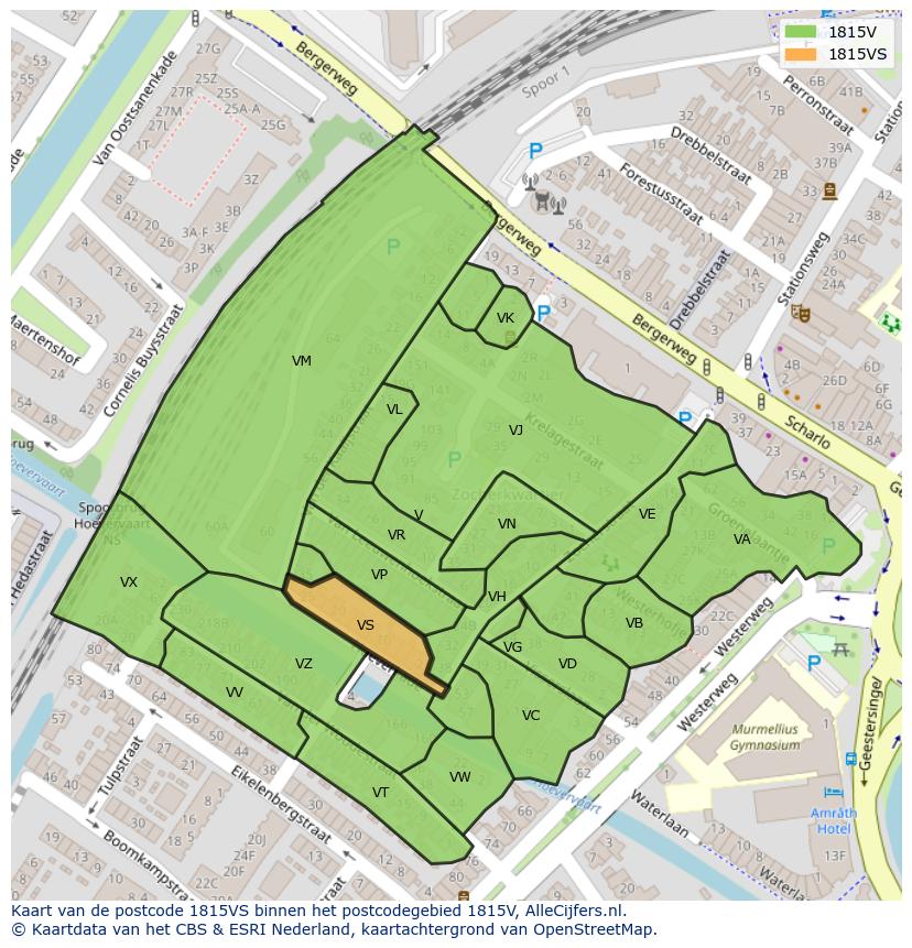 Afbeelding van het postcodegebied 1815 VS op de kaart.
