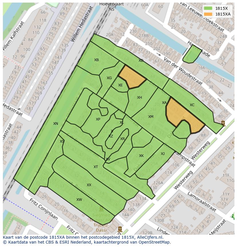 Afbeelding van het postcodegebied 1815 XA op de kaart.