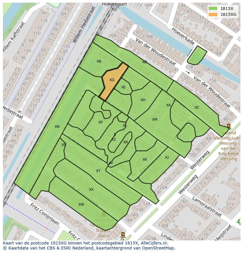Afbeelding van het postcodegebied 1815 XG op de kaart.