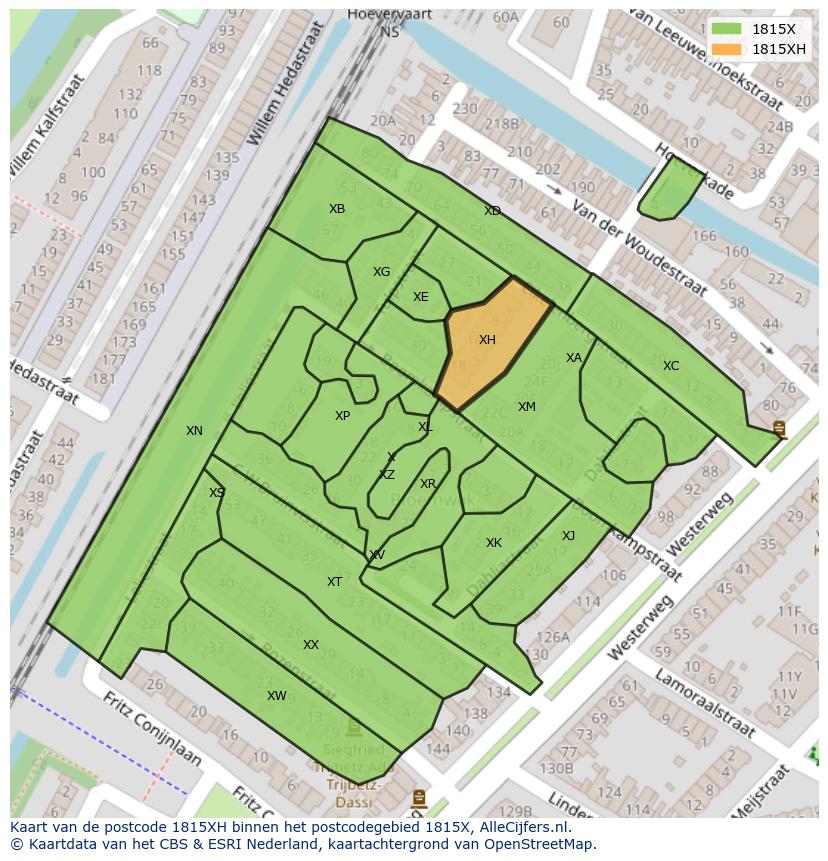 Afbeelding van het postcodegebied 1815 XH op de kaart.