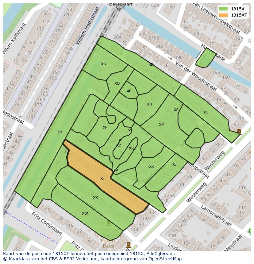 Afbeelding van het postcodegebied 1815 XT op de kaart.