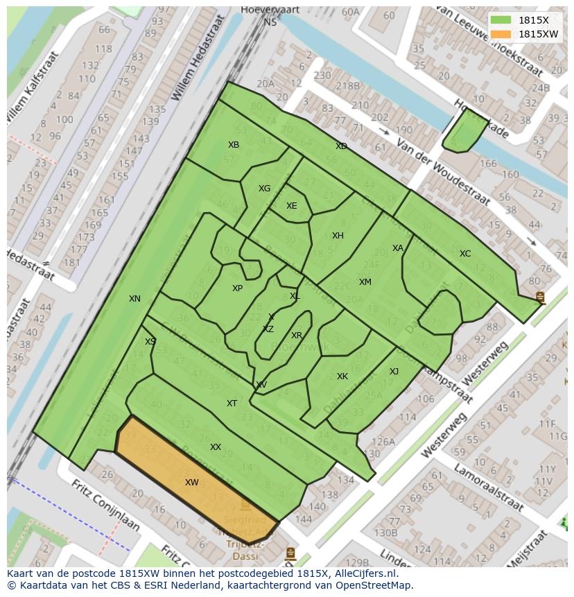 Afbeelding van het postcodegebied 1815 XW op de kaart.