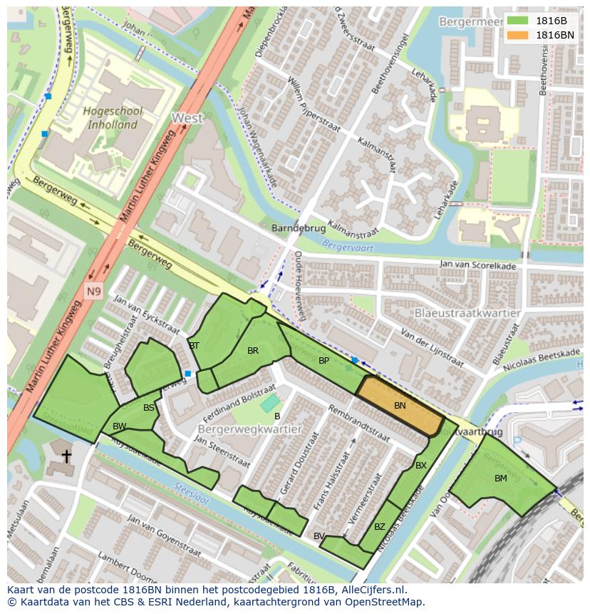 Afbeelding van het postcodegebied 1816 BN op de kaart.