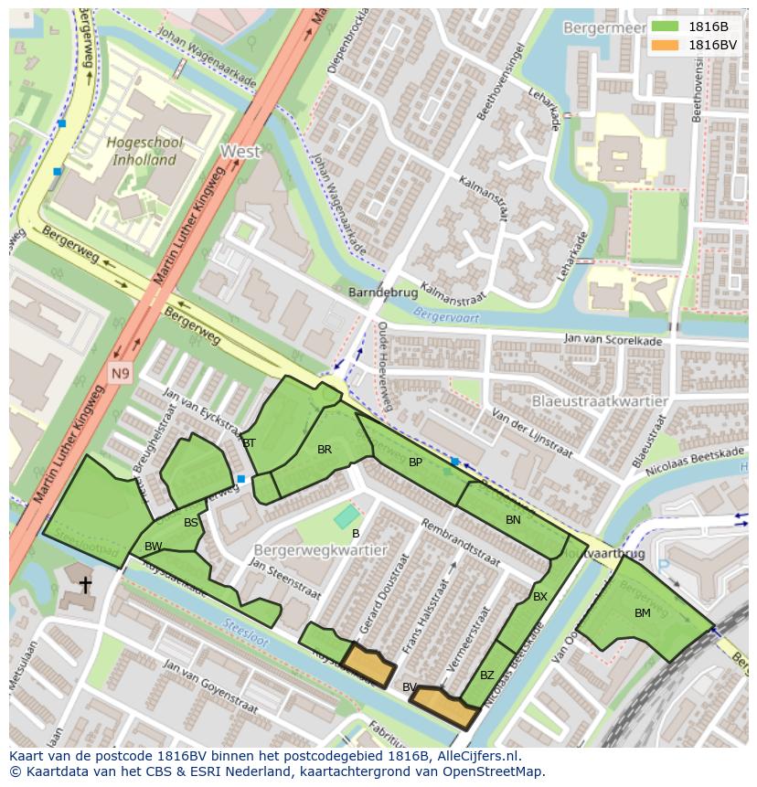 Afbeelding van het postcodegebied 1816 BV op de kaart.