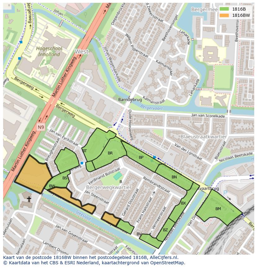 Afbeelding van het postcodegebied 1816 BW op de kaart.