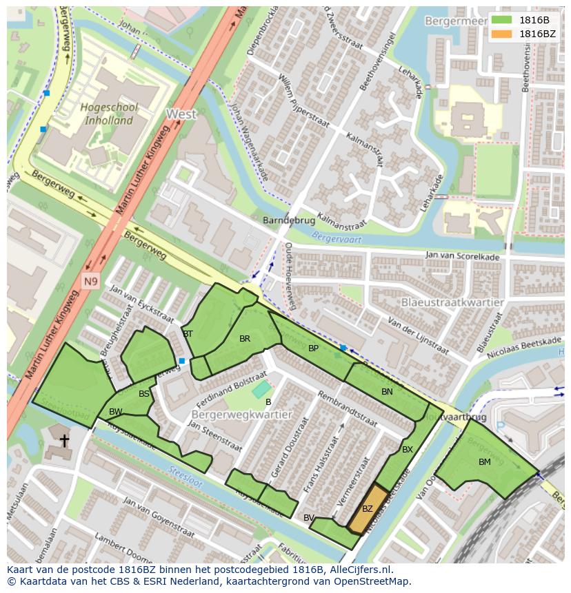 Afbeelding van het postcodegebied 1816 BZ op de kaart.