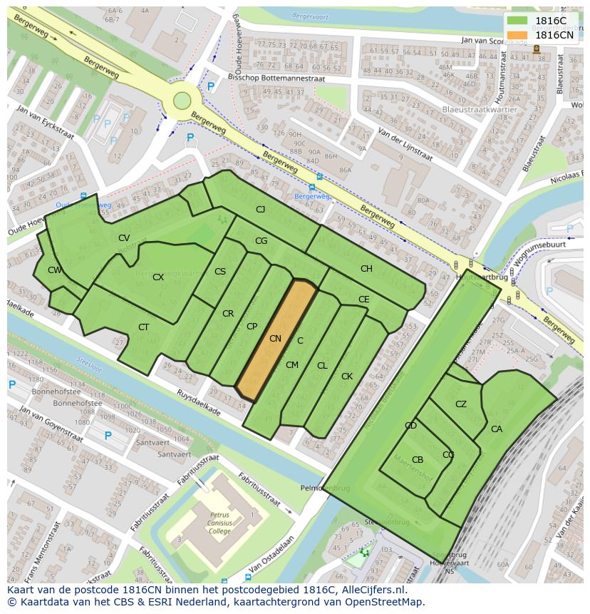 Afbeelding van het postcodegebied 1816 CN op de kaart.