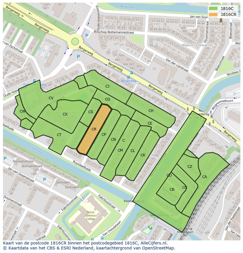 Afbeelding van het postcodegebied 1816 CR op de kaart.