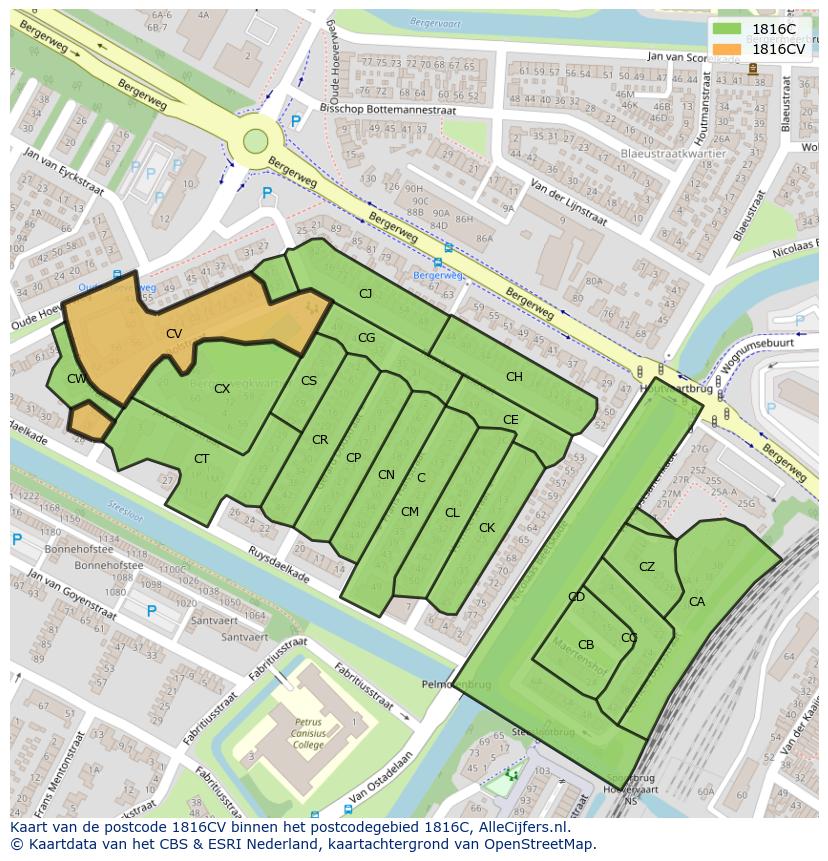 Afbeelding van het postcodegebied 1816 CV op de kaart.