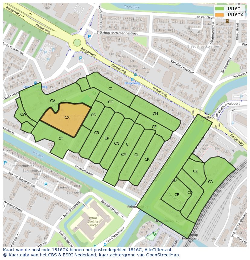Afbeelding van het postcodegebied 1816 CX op de kaart.