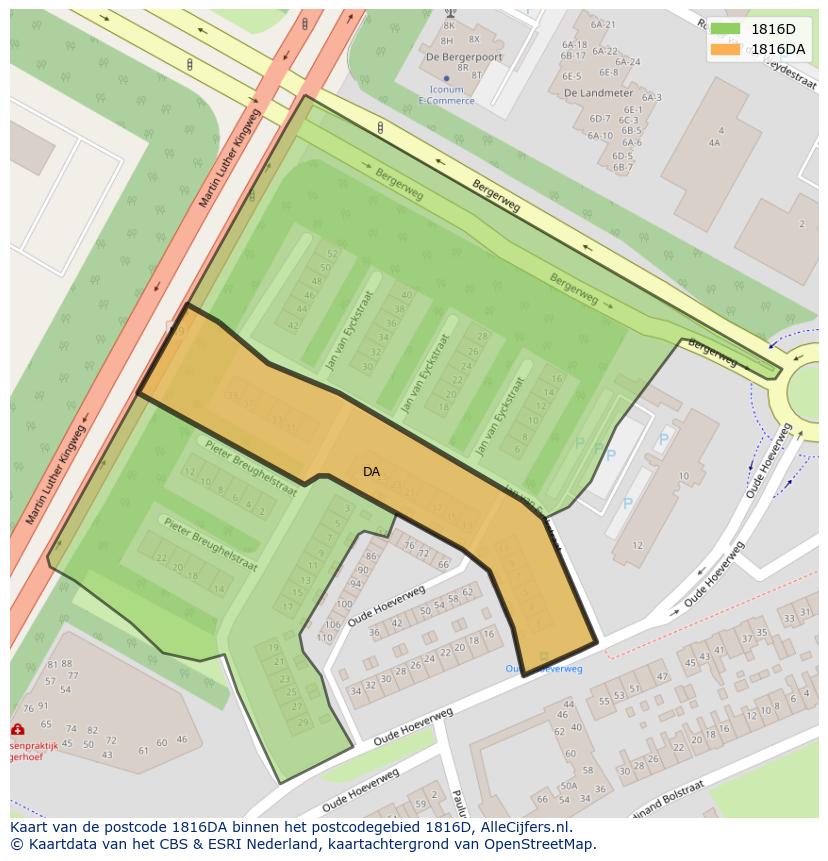 Afbeelding van het postcodegebied 1816 DA op de kaart.