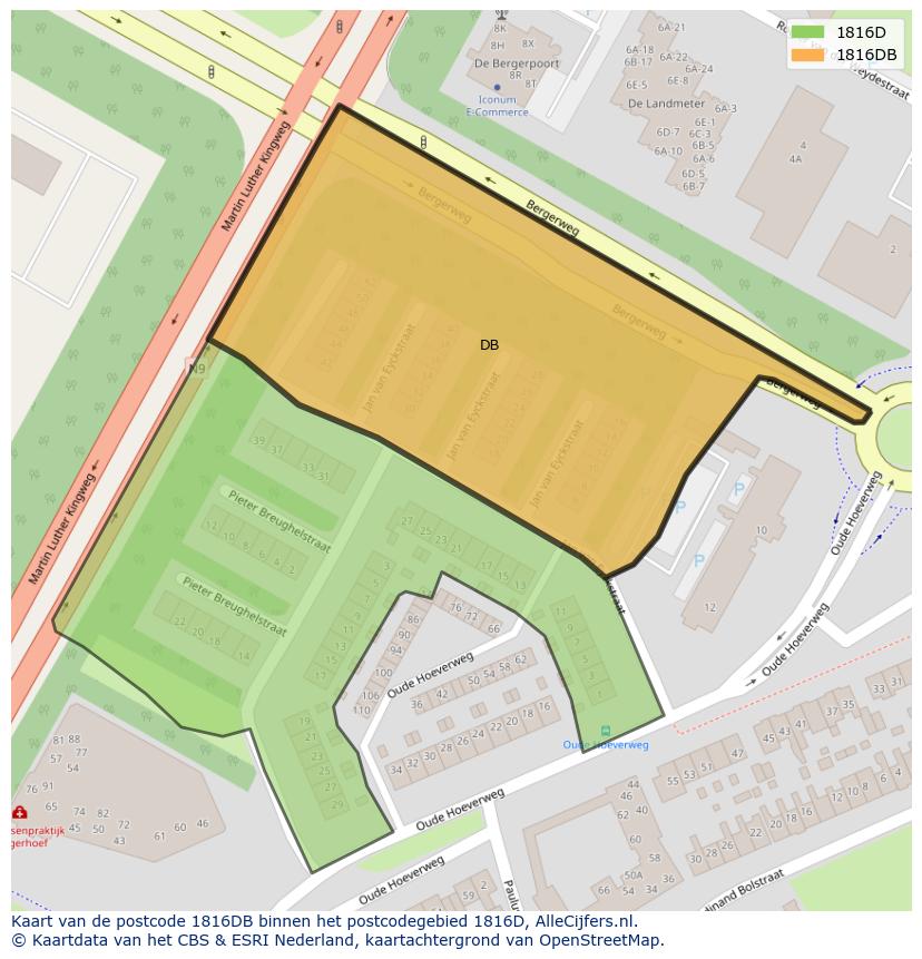 Afbeelding van het postcodegebied 1816 DB op de kaart.