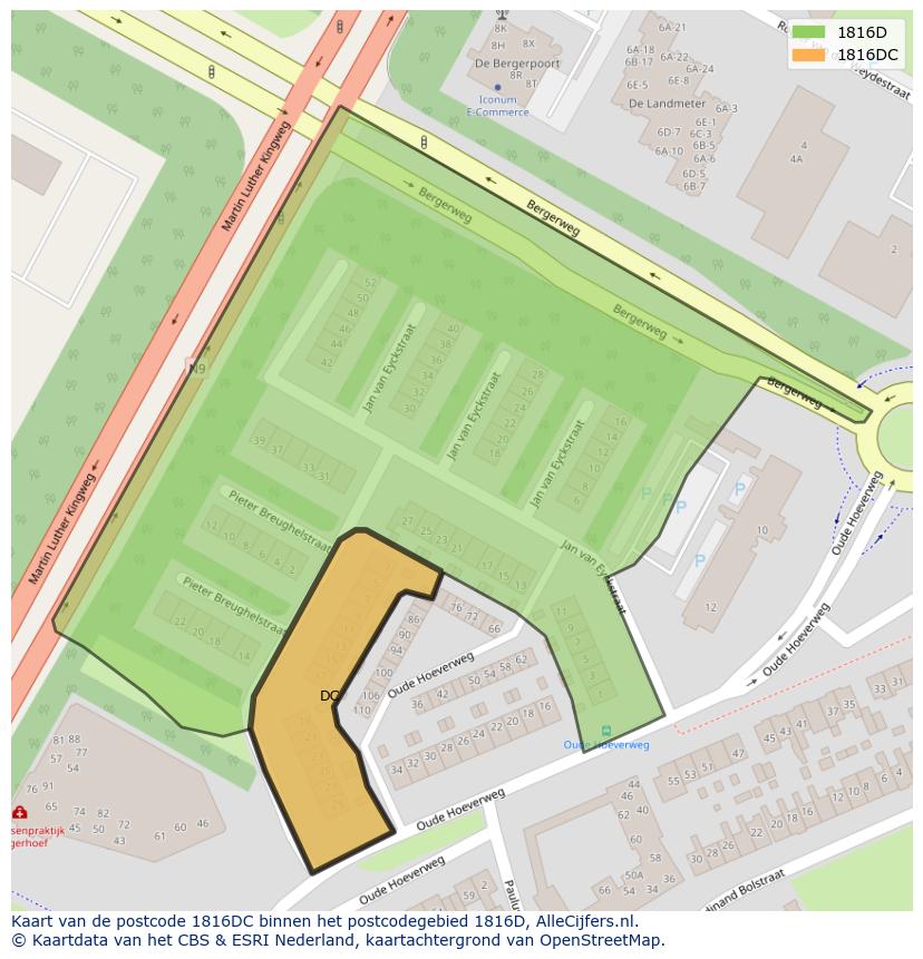 Afbeelding van het postcodegebied 1816 DC op de kaart.