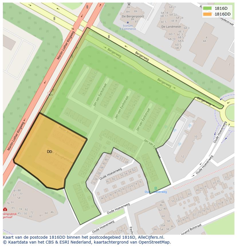Afbeelding van het postcodegebied 1816 DD op de kaart.