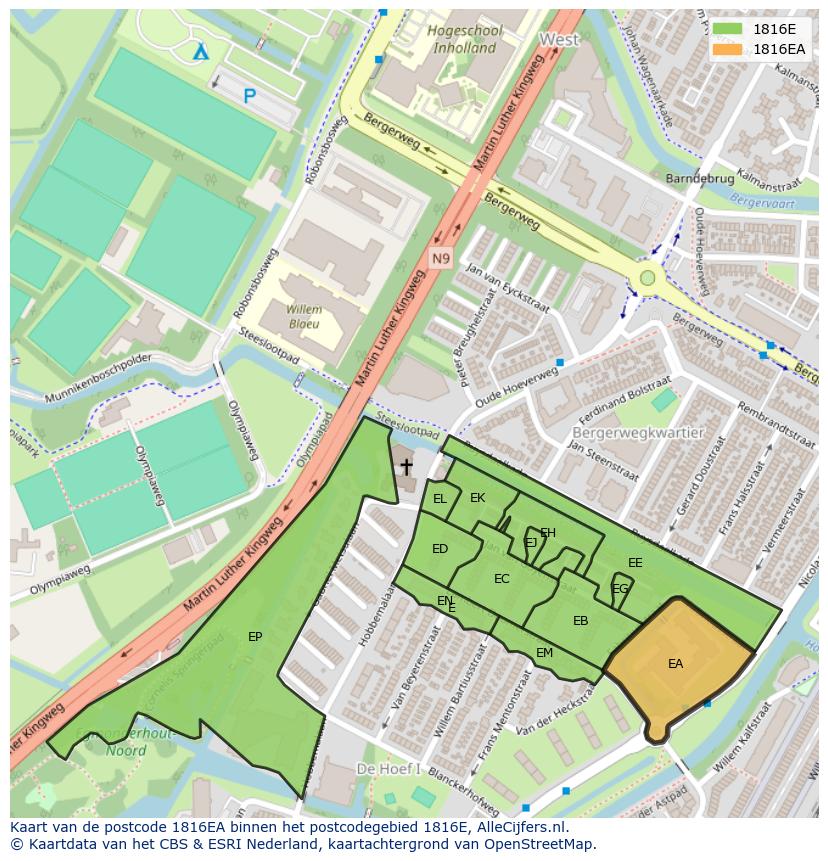 Afbeelding van het postcodegebied 1816 EA op de kaart.
