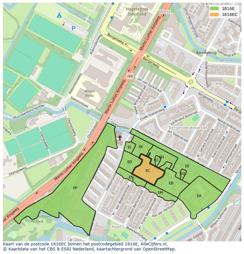 Afbeelding van het postcodegebied 1816 EC op de kaart.