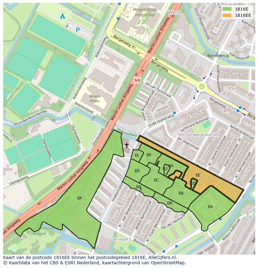 Afbeelding van het postcodegebied 1816 EE op de kaart.