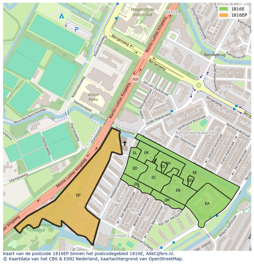 Afbeelding van het postcodegebied 1816 EP op de kaart.