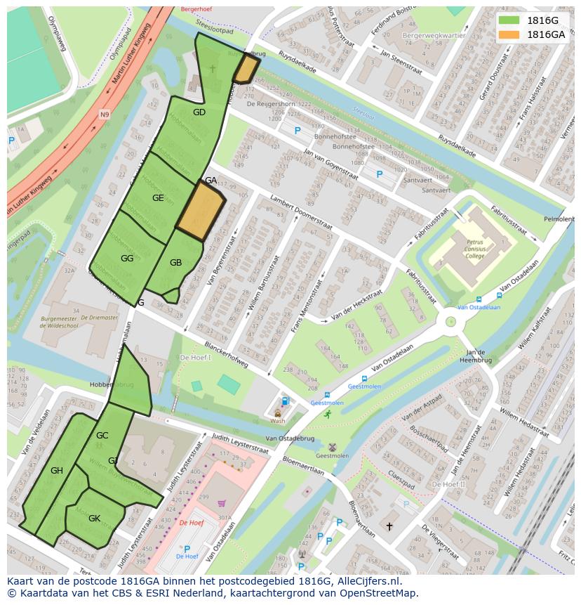 Afbeelding van het postcodegebied 1816 GA op de kaart.