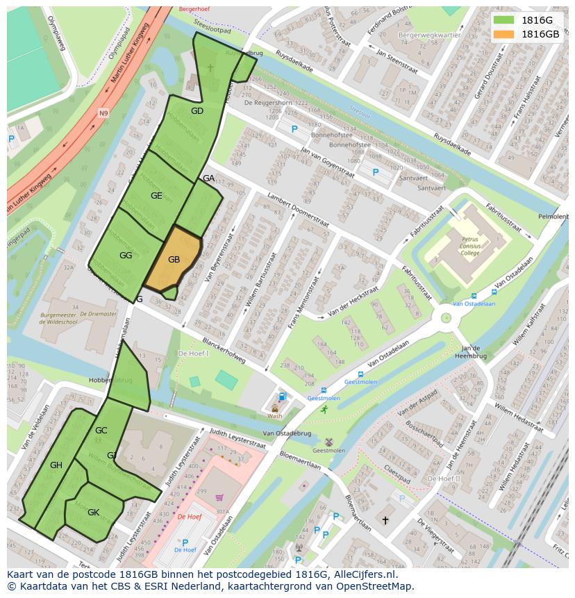 Afbeelding van het postcodegebied 1816 GB op de kaart.