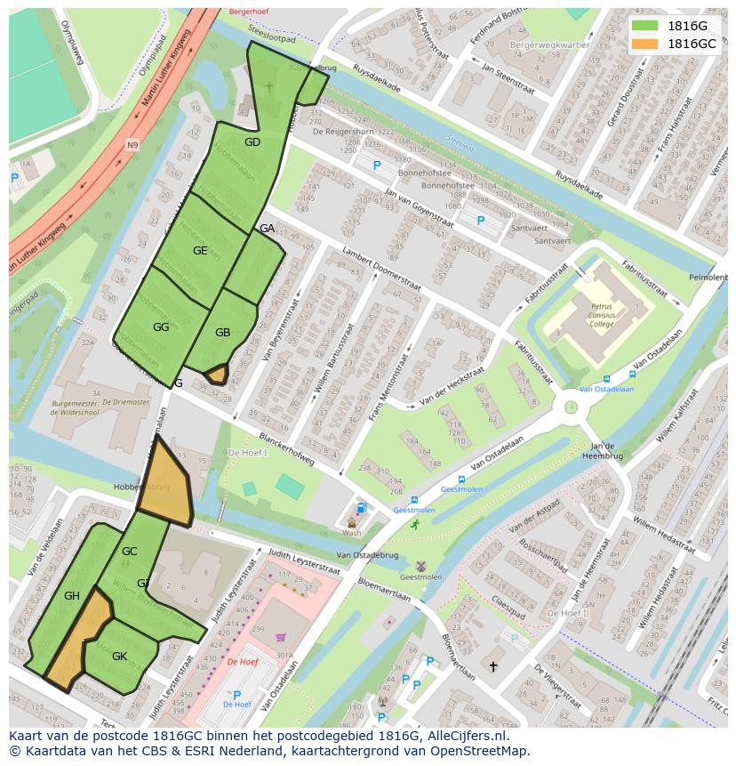 Afbeelding van het postcodegebied 1816 GC op de kaart.