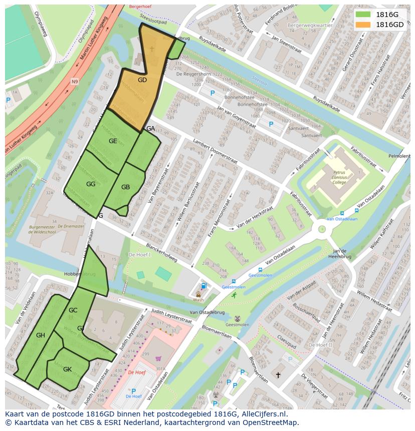 Afbeelding van het postcodegebied 1816 GD op de kaart.