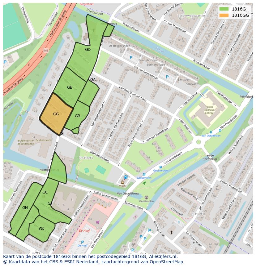 Afbeelding van het postcodegebied 1816 GG op de kaart.