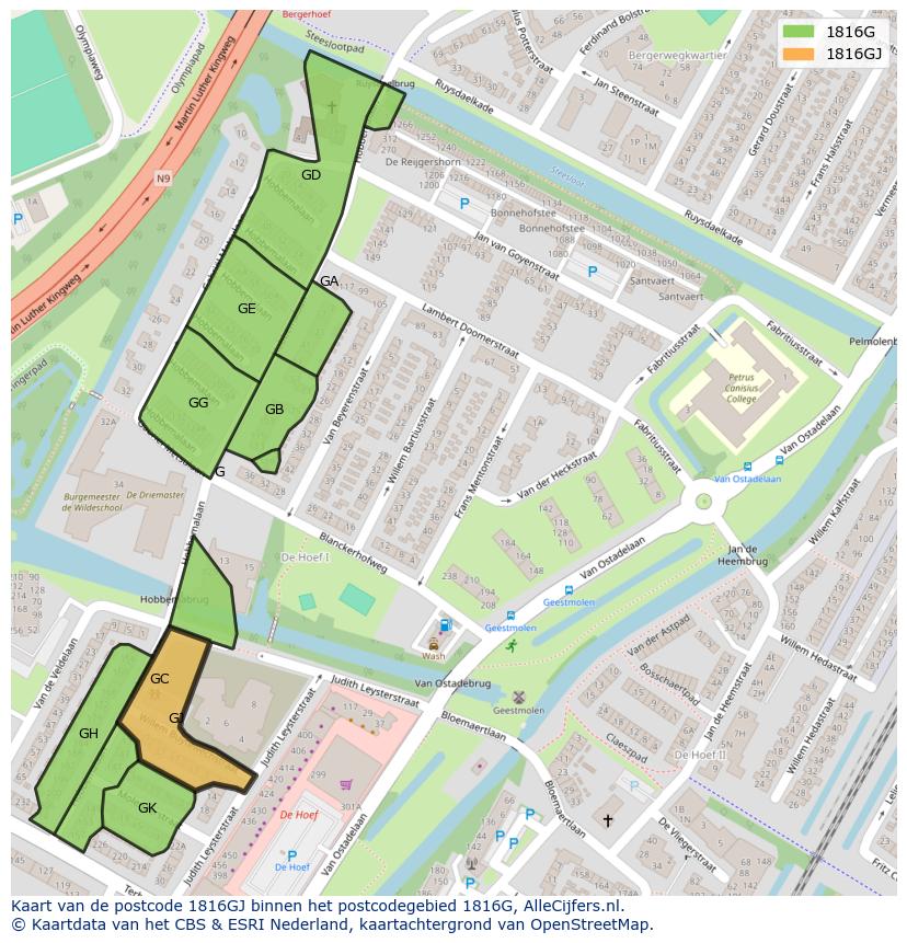 Afbeelding van het postcodegebied 1816 GJ op de kaart.