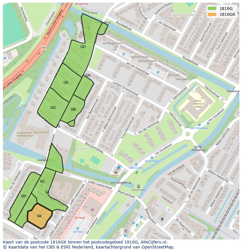 Afbeelding van het postcodegebied 1816 GK op de kaart.