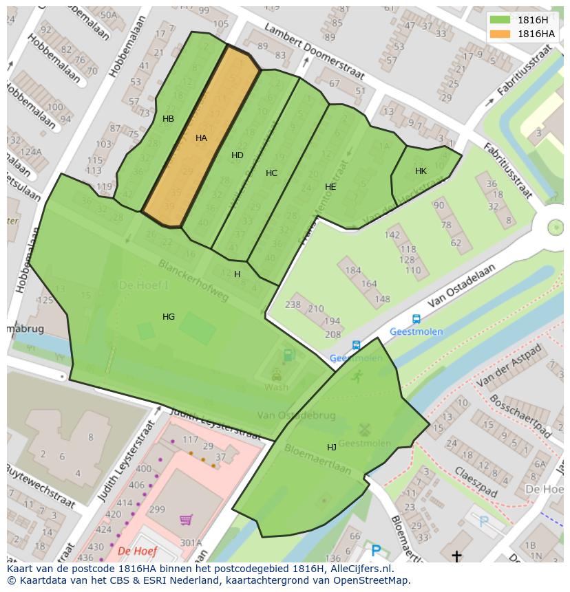 Afbeelding van het postcodegebied 1816 HA op de kaart.