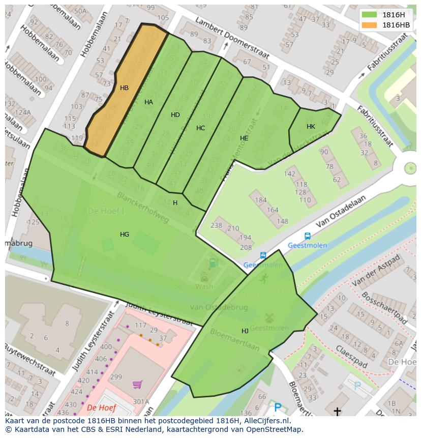 Afbeelding van het postcodegebied 1816 HB op de kaart.