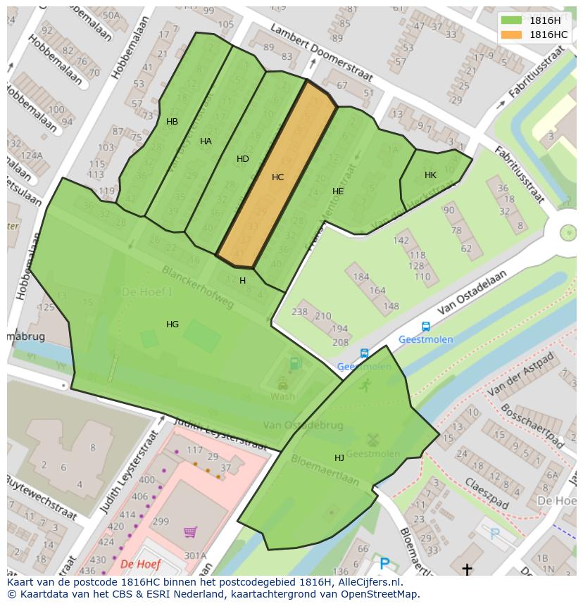 Afbeelding van het postcodegebied 1816 HC op de kaart.