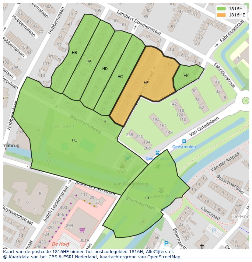 Afbeelding van het postcodegebied 1816 HE op de kaart.
