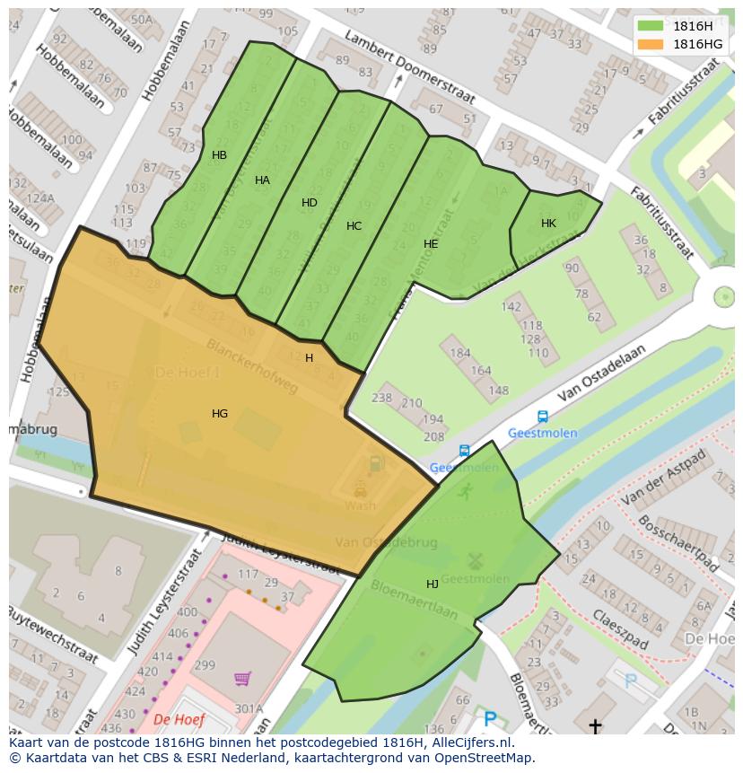 Afbeelding van het postcodegebied 1816 HG op de kaart.